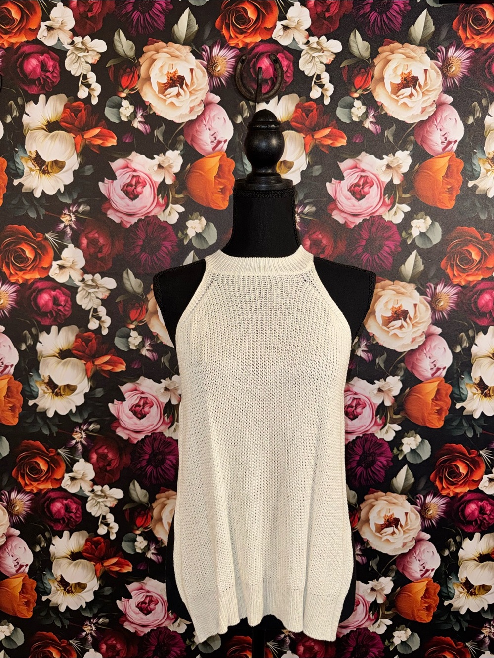 Lulu's Cream Knit Crochet Halter Swim Coverup with tie-up sides, M